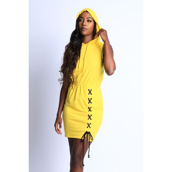 Women's Sleeveless Hoodie Dress Cross Tie Detailed Casual Dress Yellow S M L - Picture 6 of 11
